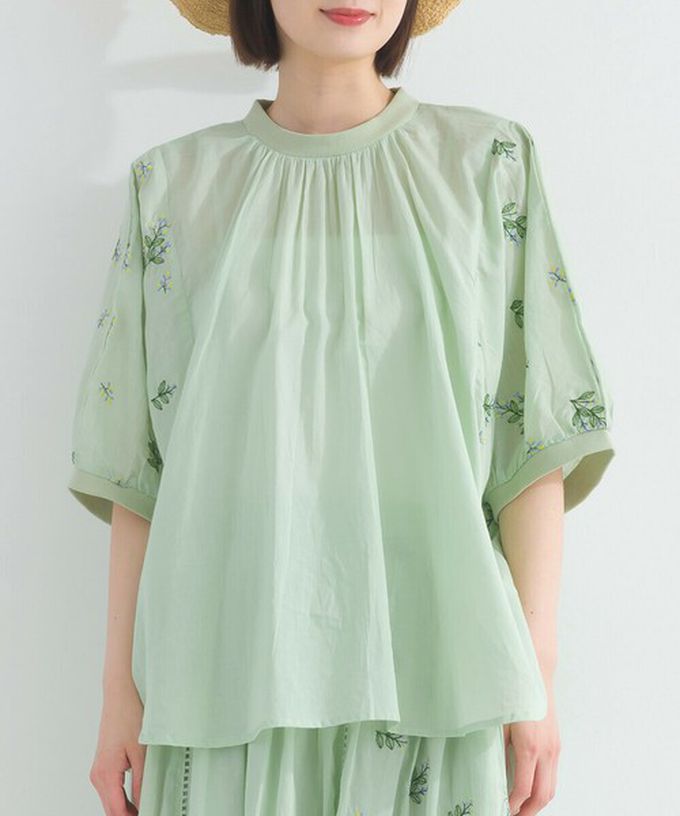 日本 Lupilien - 100%印度棉 優美植物刺繡大寬袖上衣-薄荷
