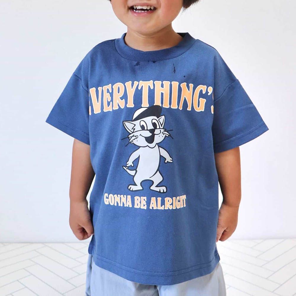 美式印花落肩短袖上衣-海軍藍-帽子貓貓