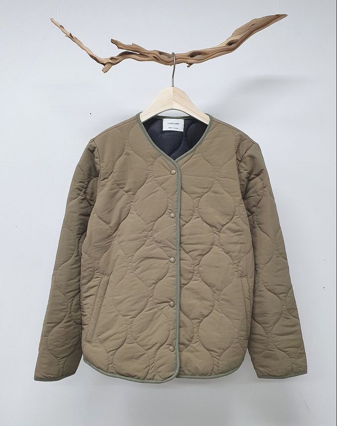 韓國 LANDING - 韓國製絎縫壓紋鋪棉圓領外套-黑 (FREE)