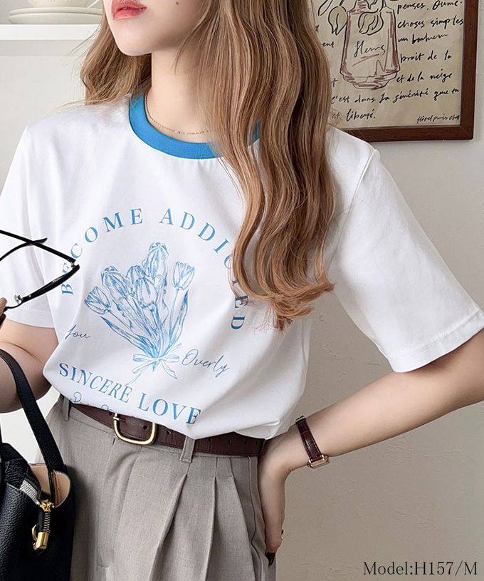 日本 Classical Elf - 法式休閒花束滾邊短袖上衣-白x水藍