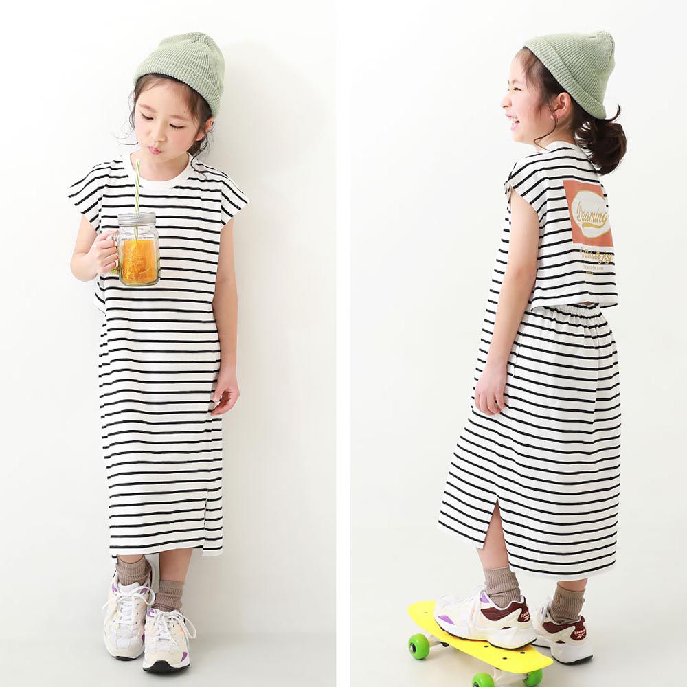 日本 devirock - 背後開口條紋休閒短袖洋裝-白黑x橘