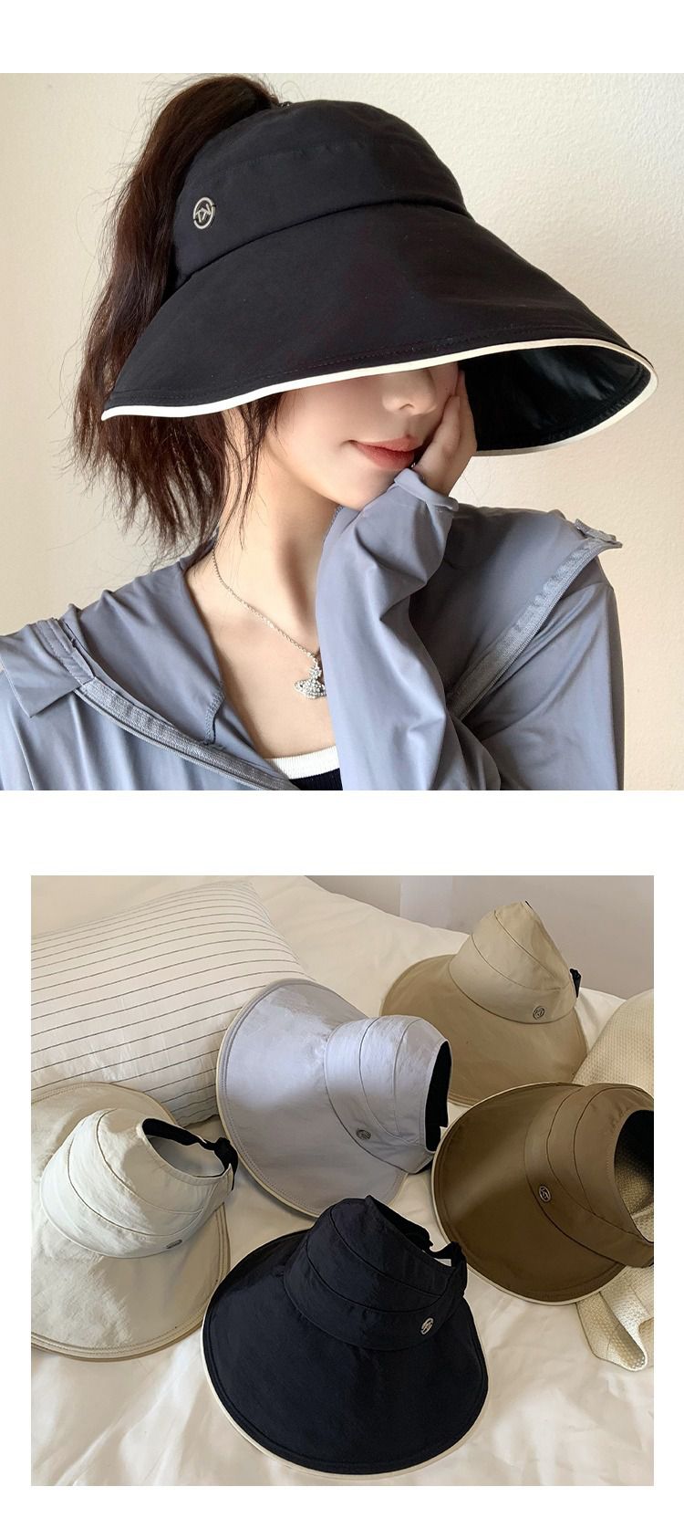 黑膠涼感防紫外線大帽簷空頂遮陽帽-可調節款-黑色