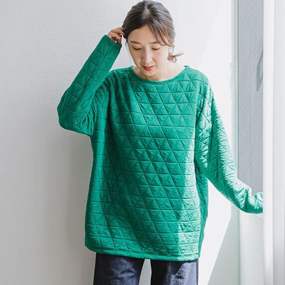 日本 ihuu - 圓領柔軟絎縫長袖上衣-草綠