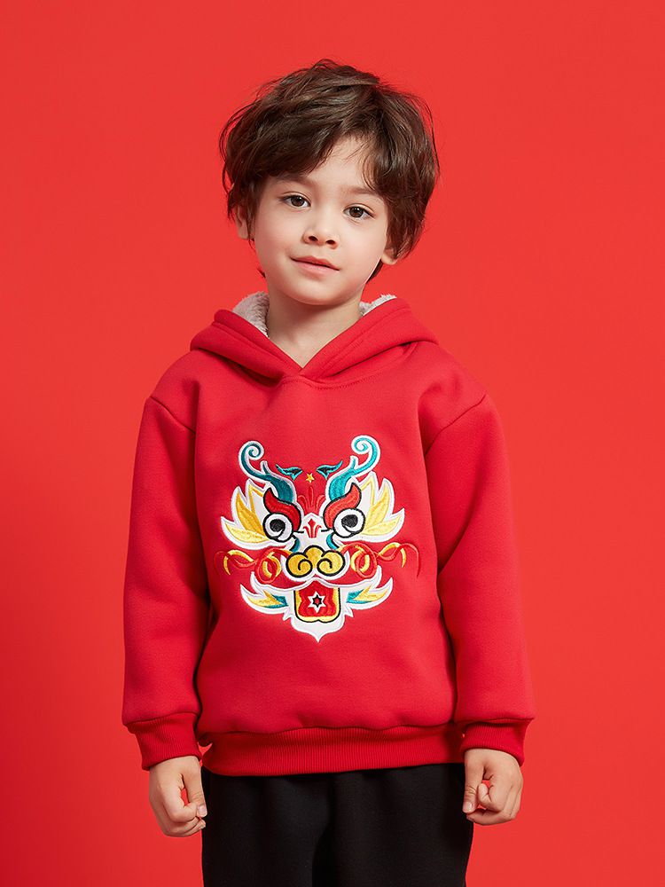 (加絨)喜氣拜年連帽長袖上衣-喜氣金龍-紅色