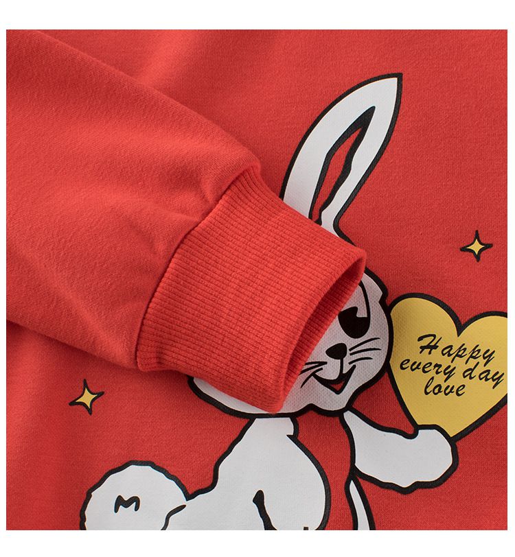 加絨圓領長袖上衣/大學T-愛心兔子-紅色