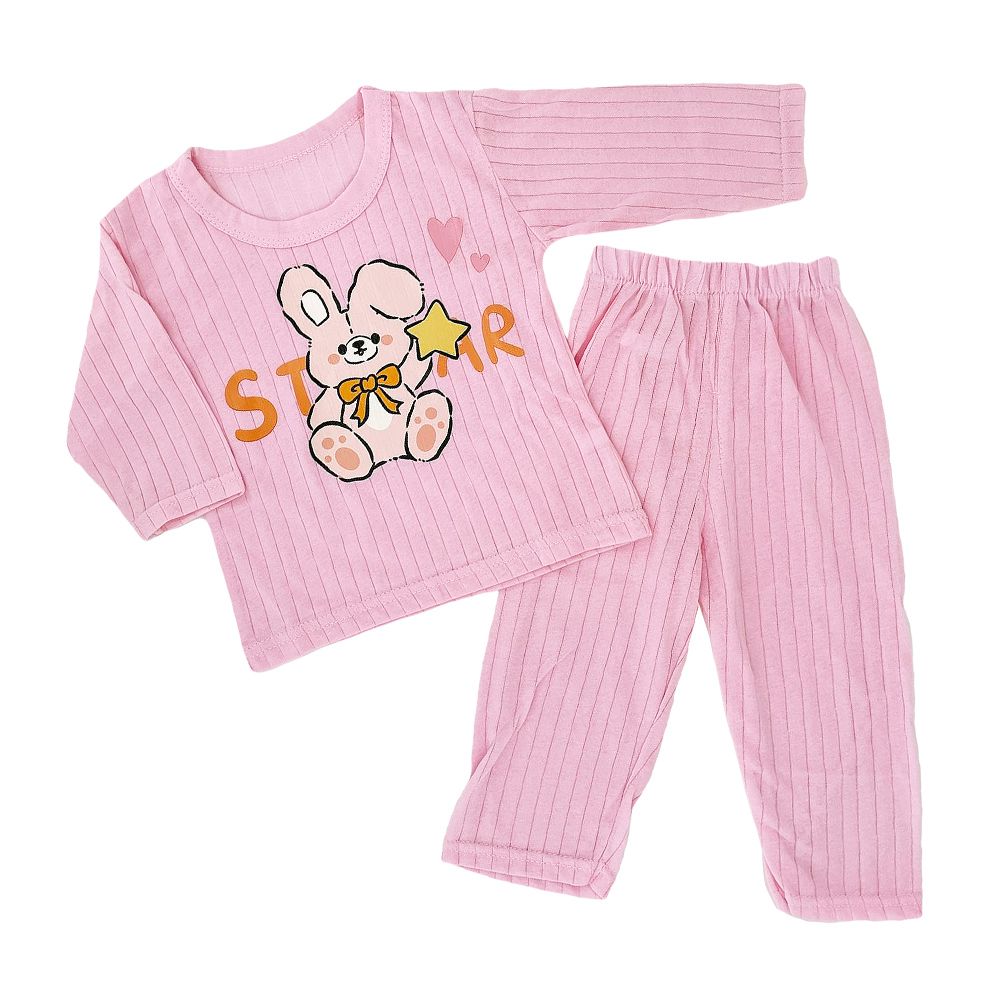 JoyNa - 兒童睡衣 家居服套裝 薄長袖套裝 睡褲空調服-粉星小兔