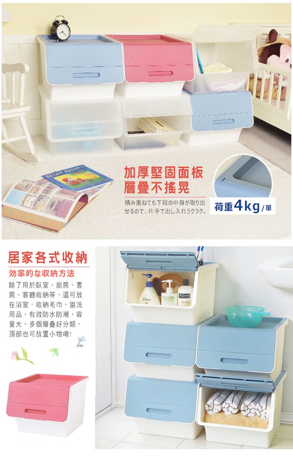 Keyway - 桃樂絲加大版二段掀蓋收納箱-白身藍蓋-40公升/6入