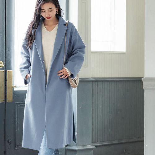 日本 COCA - 單釦綁帶寬版大衣/外套-藍