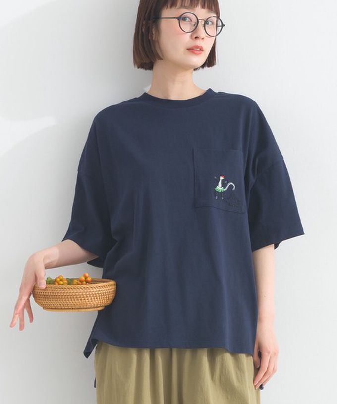 日本 Lupilien - 16支天竺棉俏皮動物刺繡大口袋短袖T恤-粉紅