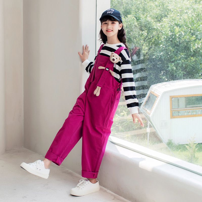 休閒牛仔寬鬆吊帶褲-小熊-綠色