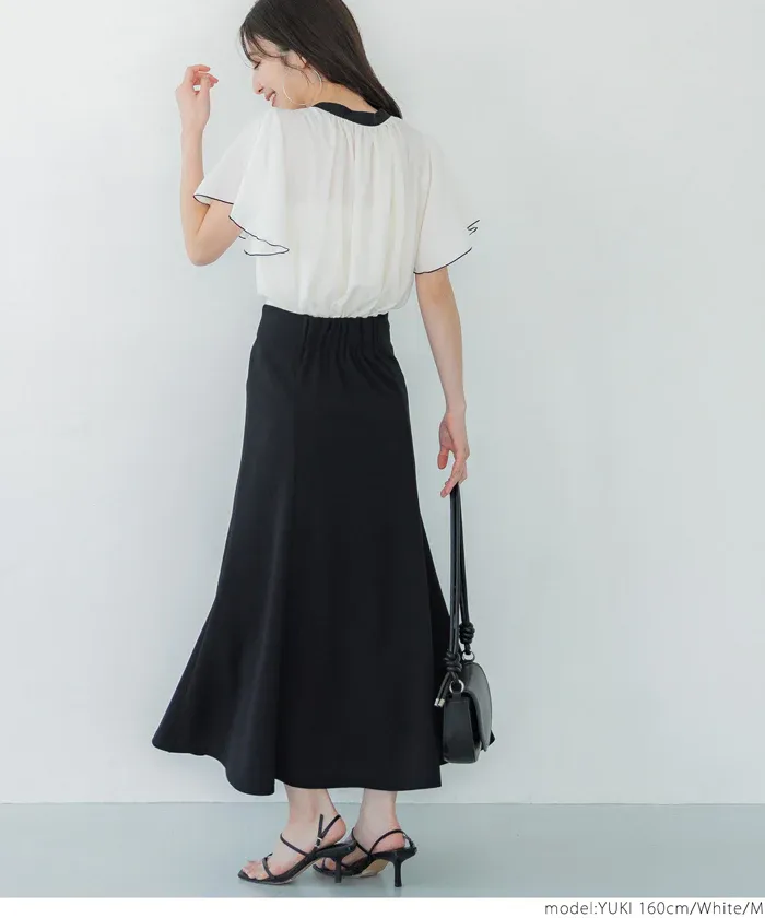 日本 COCA - 簡約撞色雪紡荷葉短袖襯衫-白