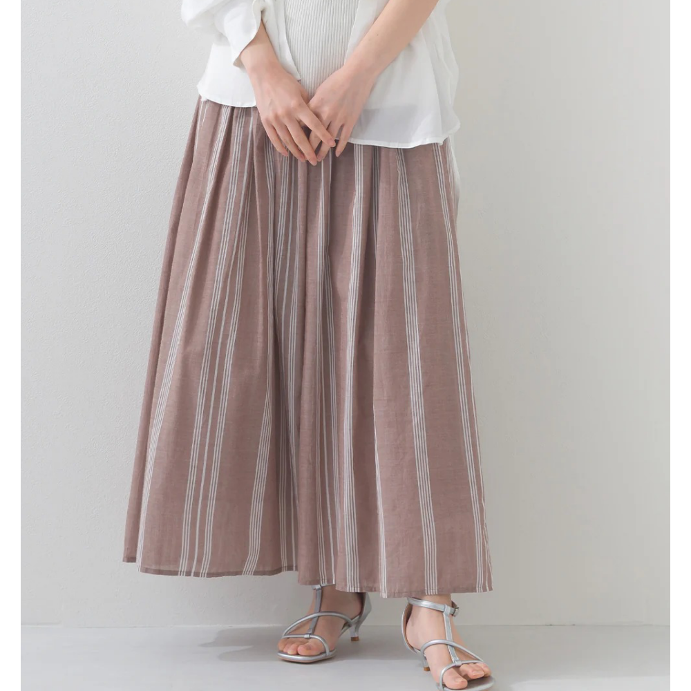 100%印度棉 夏日透氣長裙-淺棕條紋