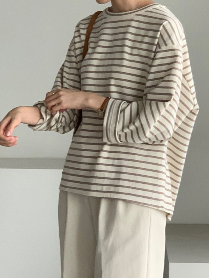 韓國女裝連線 - 不對稱後開衩條紋長袖上衣-可可咖 (FREE)