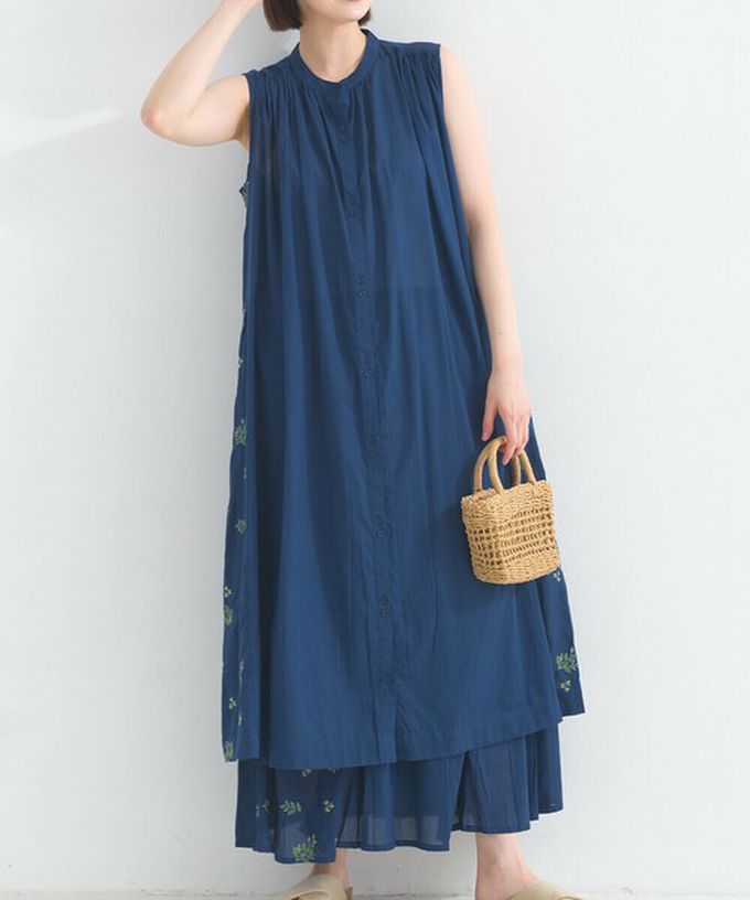 日本 Lupilien - 100%印度棉 優美植物側邊刺繡無袖洋裝-海軍藍