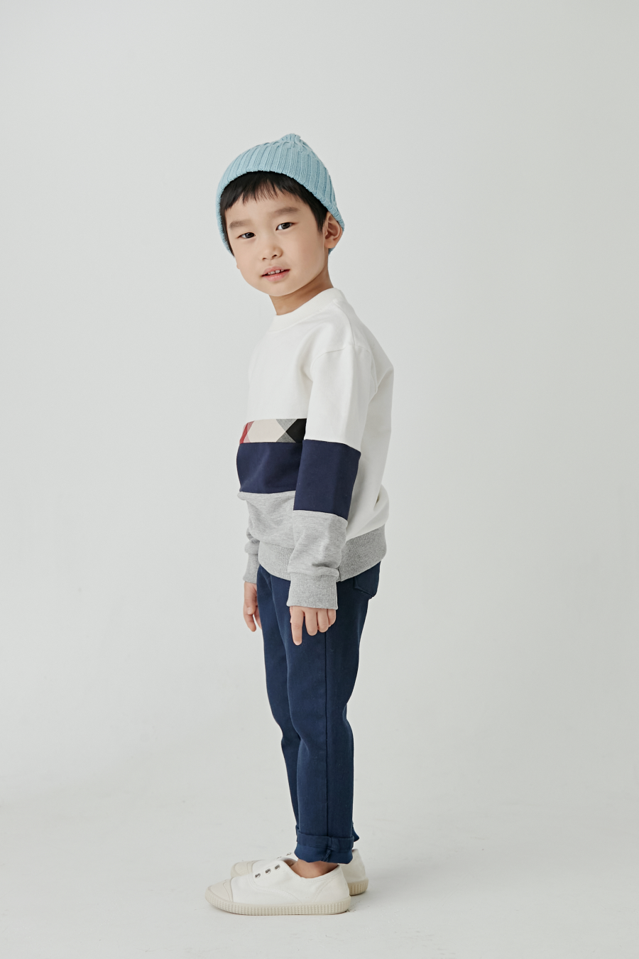 韓國 Coco Bang - 英倫格紋三色T-深藍