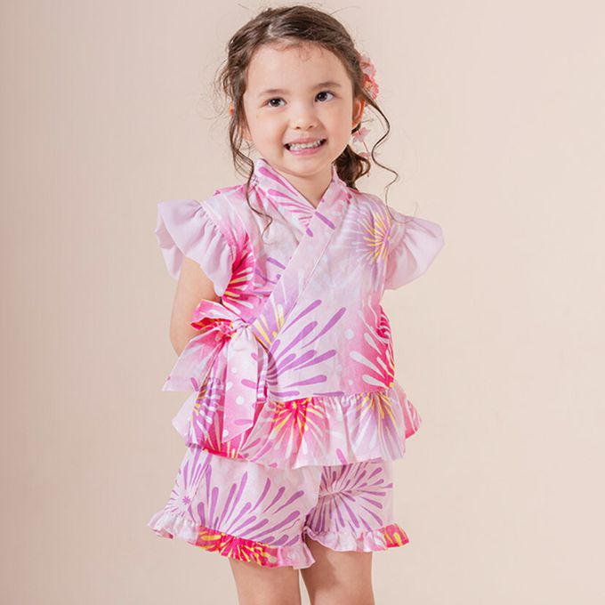 日本 Catherine Cottage - 甜美澎澎荷葉純棉二件式甚平-小花與貓-藍白