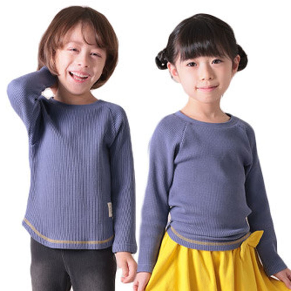 日本 TORIDORY - 純棉舒適鬆餅紋長袖上衣-藍