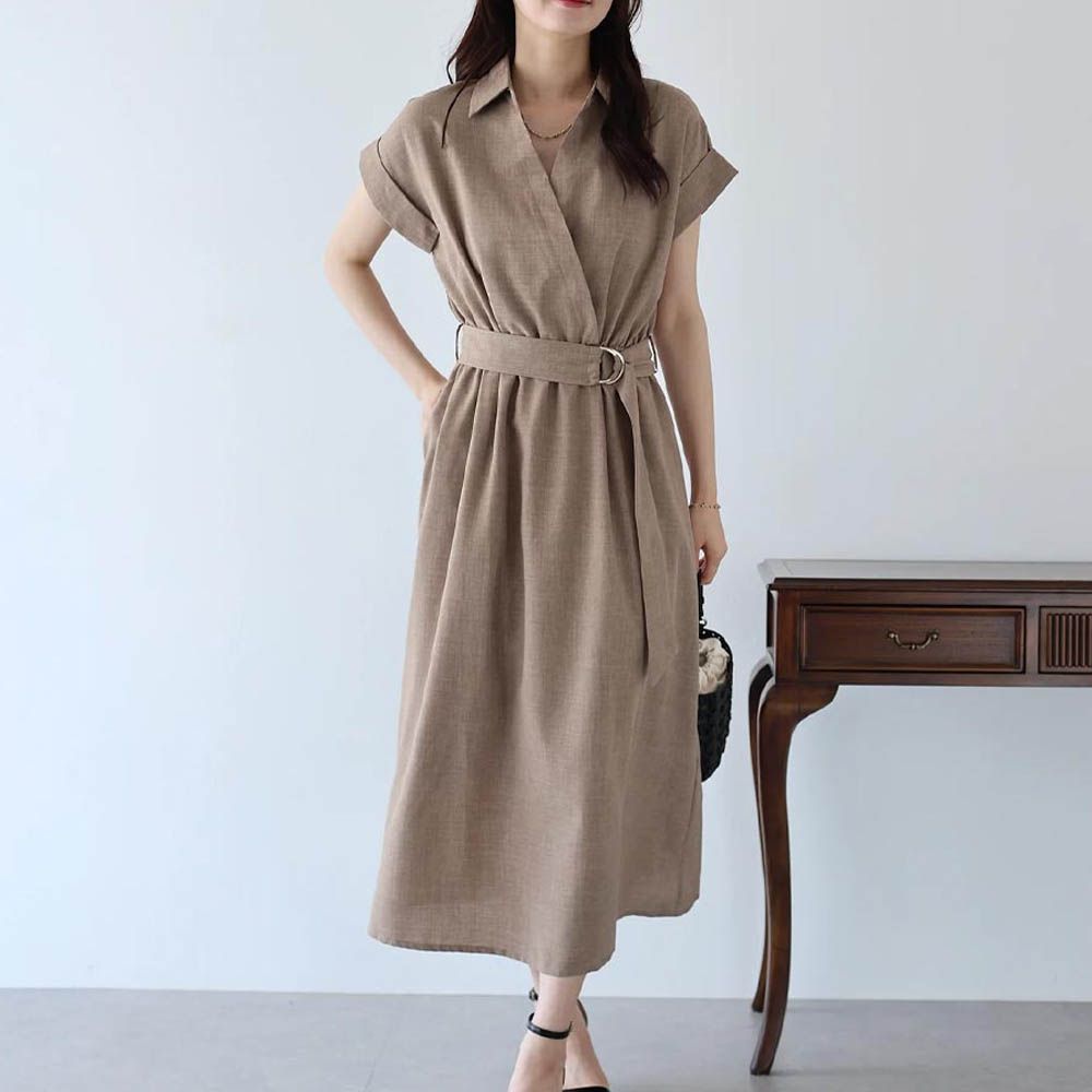 俐落領腰綁帶法式袖顯瘦洋裝-摩卡 (M)