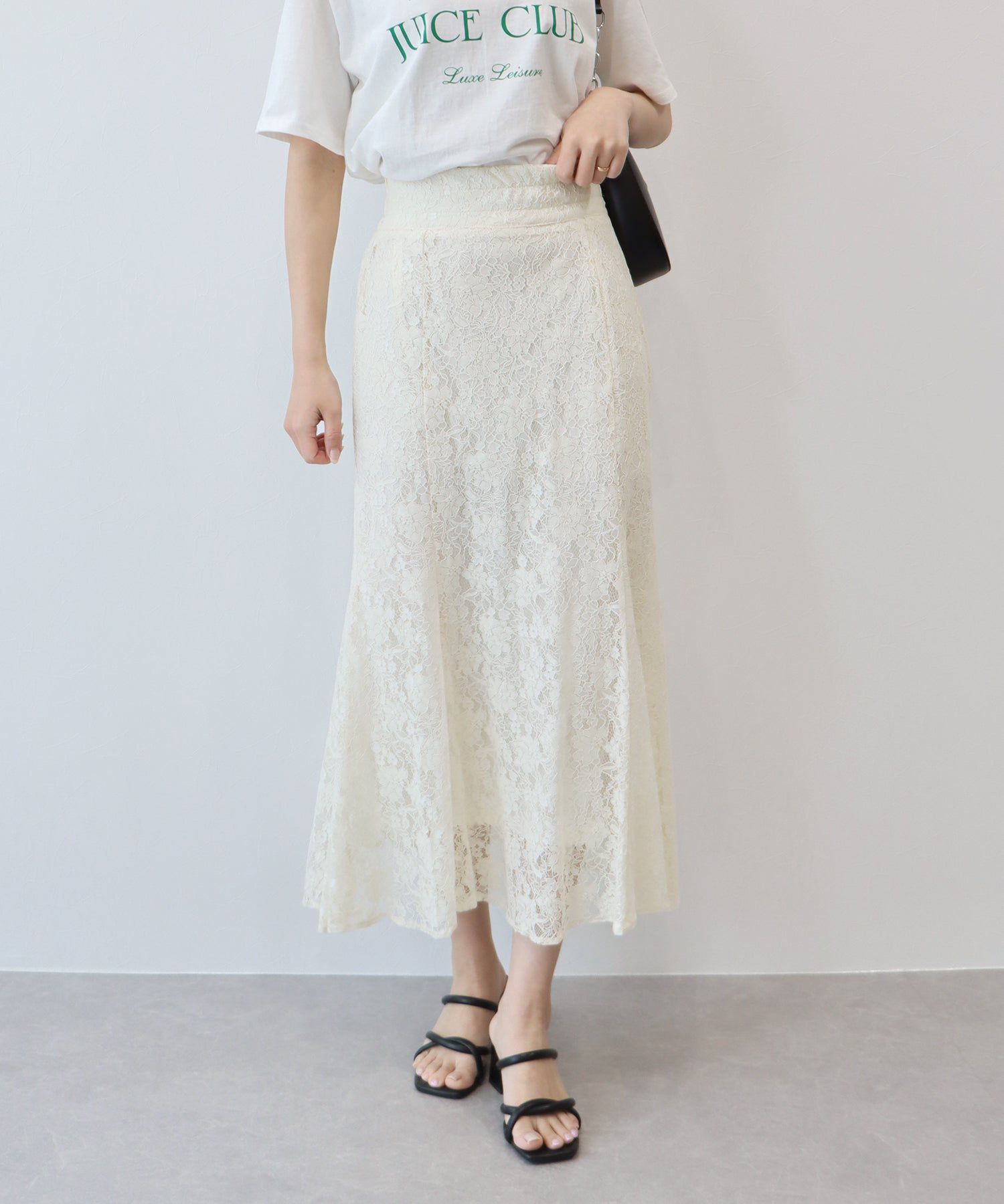 日本 BLUE EAST - 花朵蕾絲修身魚尾裙-經典黑