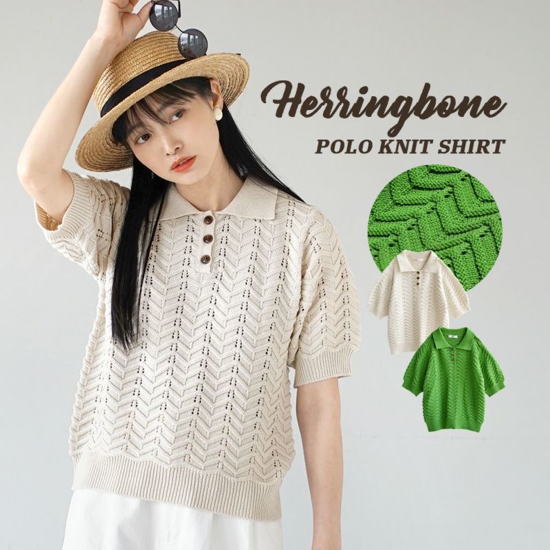 日本 zootie - 人字紋鉤針翻領短袖上衣-米杏