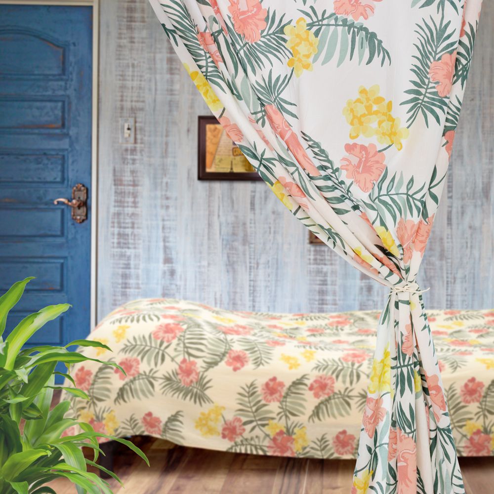 日本 TOMO - 職人手工染印窗簾【純棉】-熱帶花草-米底 (110x178cm)