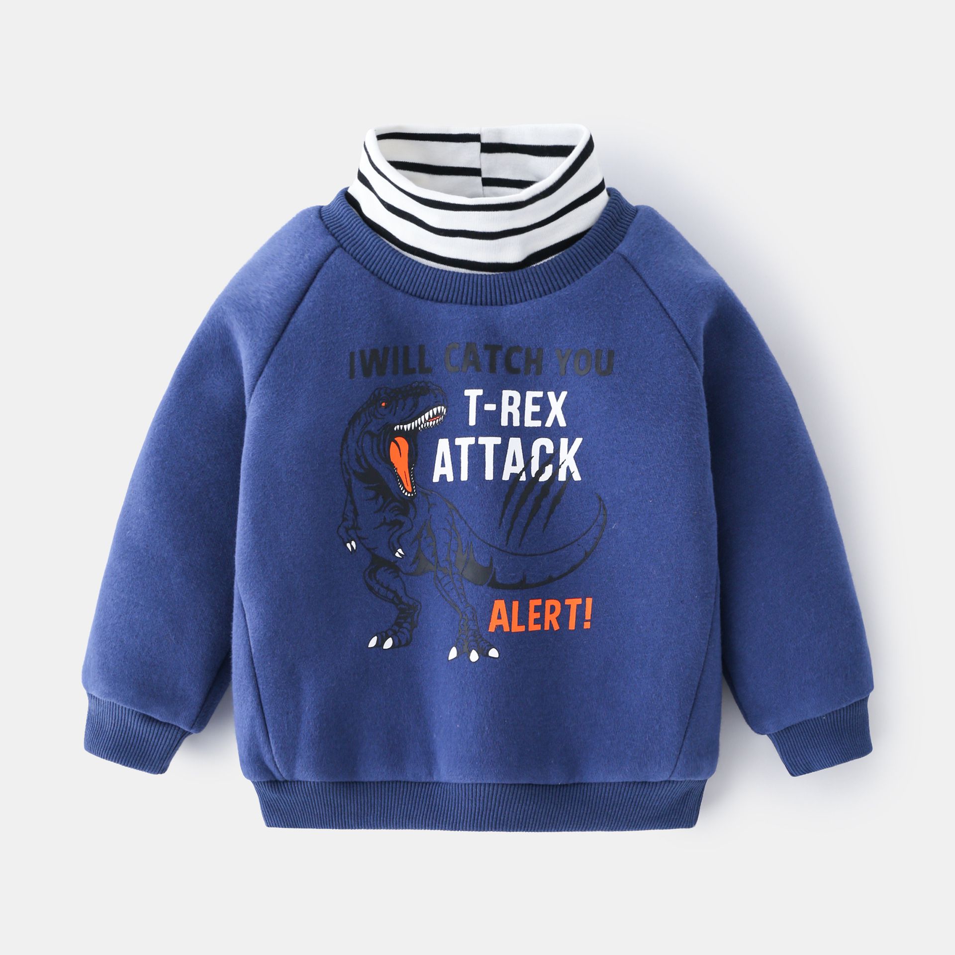 WELLKIDS - 假兩件高領長袖休閒上衣-兇巴巴暴龍-深藍色