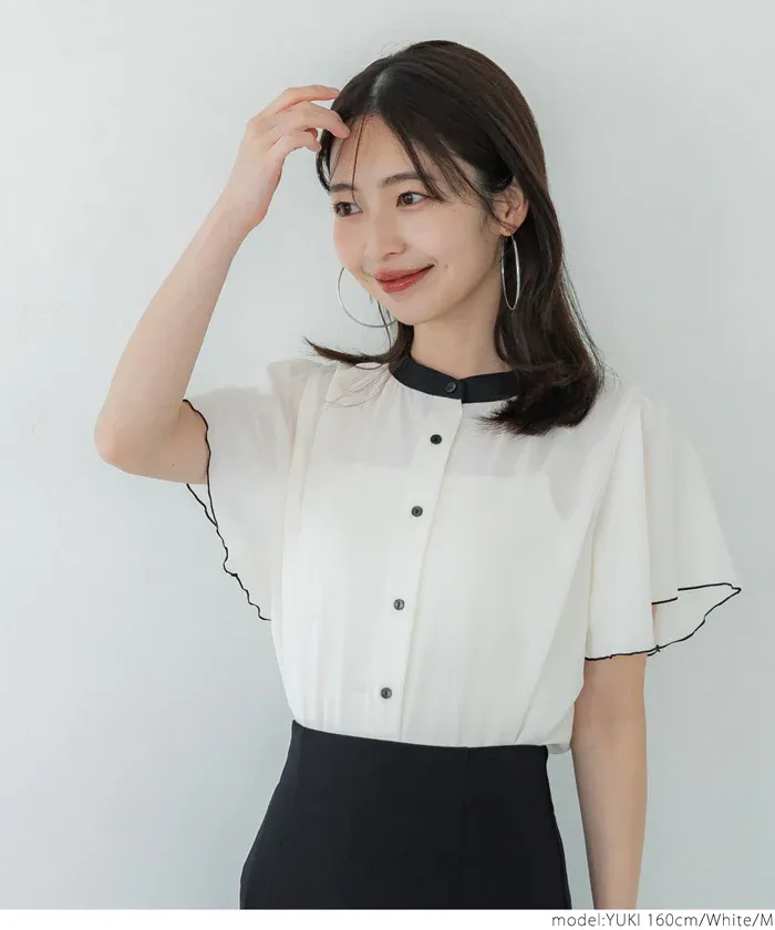 日本 COCA - 簡約撞色雪紡荷葉短袖襯衫-白