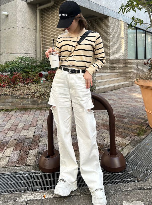 日本 GRL - 純棉厚磅美式抓破長褲-米白