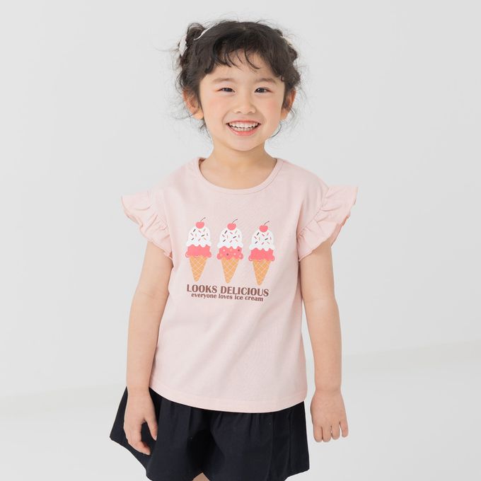 日本 Chil2 - 100%棉 荷葉邊女孩印花短袖上衣-熊熊-粉紅