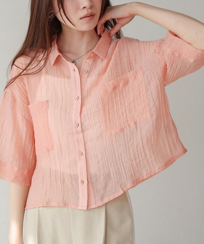 日本 Bab - 透膚感清爽短版五分袖襯衫-粉紅 (M)