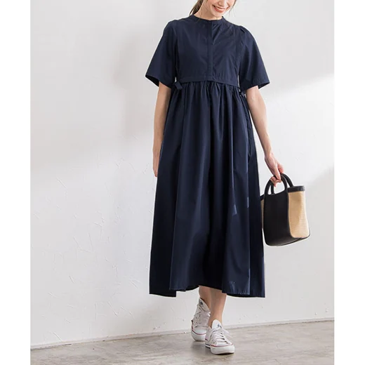 日本 BELLUNA - 森之精靈側綁帶縮腰長洋裝-靜謐黑