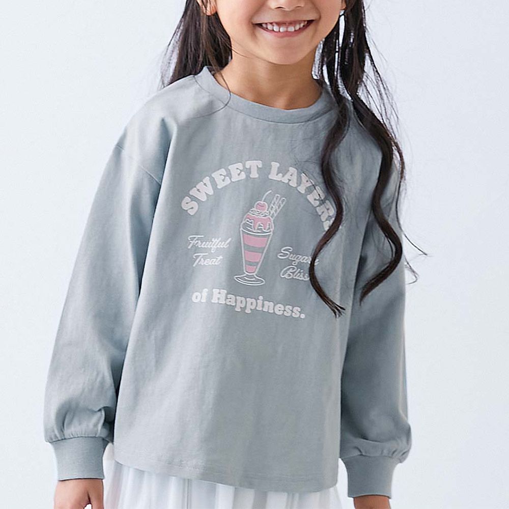 100%棉 圓弧下擺印花長袖T恤-冰淇淋聖代-灰綠