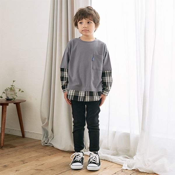 日本 b-ROOM - 假二件寬版大口袋長袖上衣-海軍藍x灰格紋