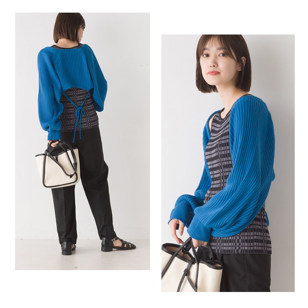 日本 OMNES - 羅紋後綁帶短版針織外套-經典黑