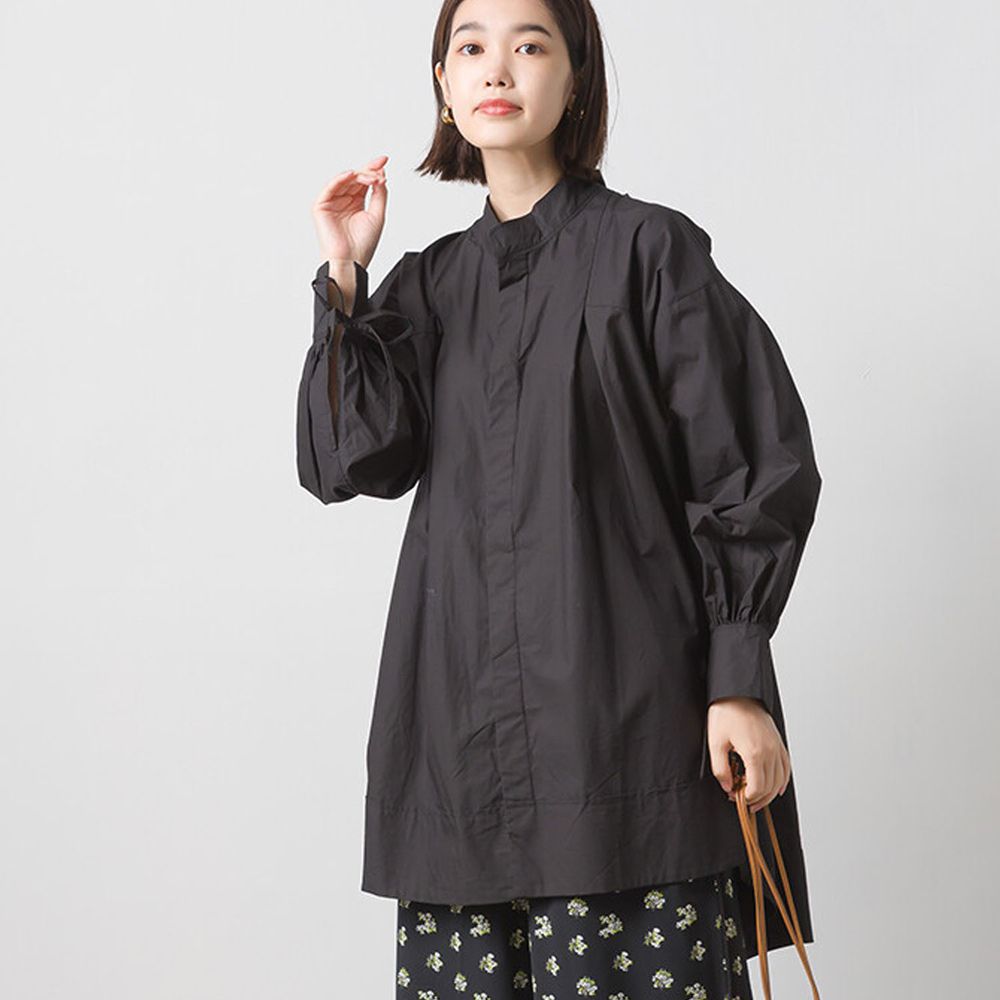 日本 OMNES - 文藝氣質糖果袖立領長袖襯衫-時尚黑