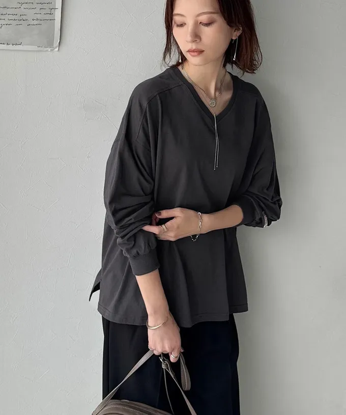 日本 Classical Elf - Java 簡約顯瘦V領長袖上衣-白