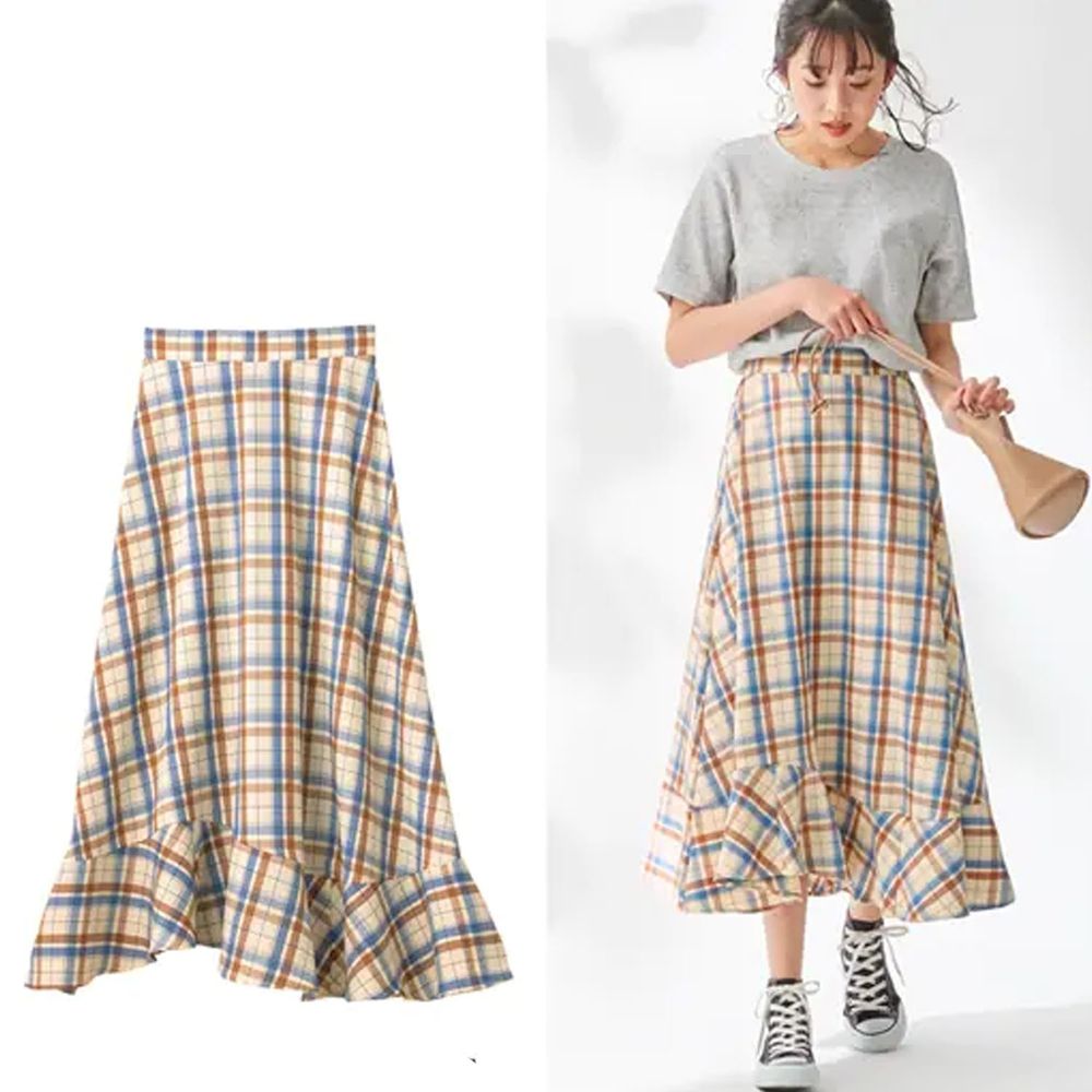 日本 BELLUNA - 格紋不規則荷葉拼接長裙-米