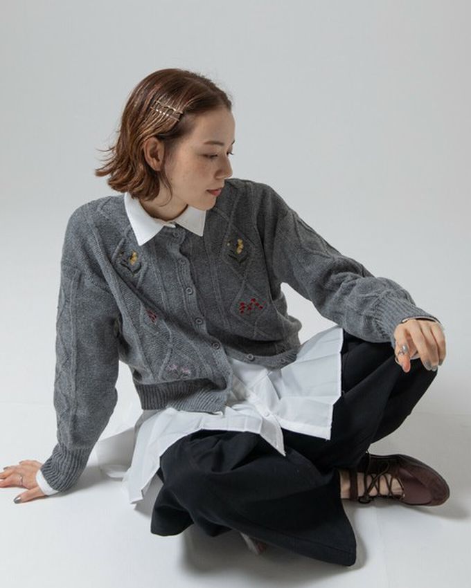 日本 gleam - 文藝風小花刺繡立體針織開襟衫-黑