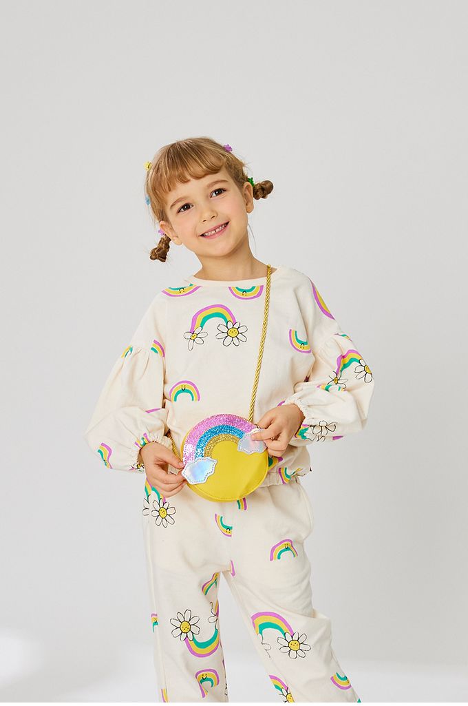 韓國 OZKIZ - (附包包)雛菊彩虹印休閒長袖套裝-米