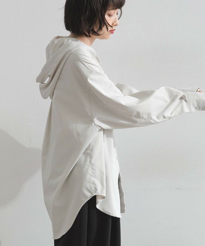 日本 ELENCARE DUE - 復古風磨毛寬版連帽長袖襯衫-黑