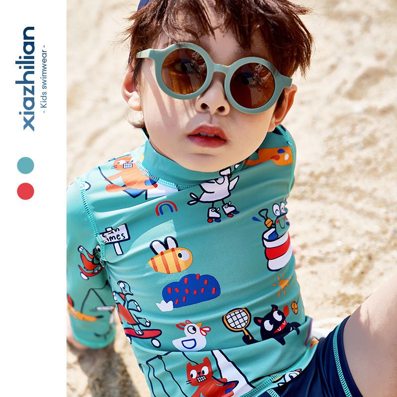 男寶防曬長袖泳裝套裝(附帽子)-動物世界-綠色