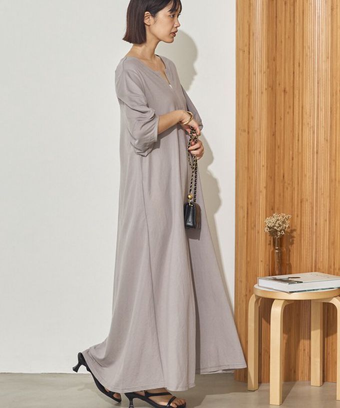 日本 Sans Souci 34+ - 接觸涼感 顯瘦A字鑰匙領五分袖洋裝-淺灰