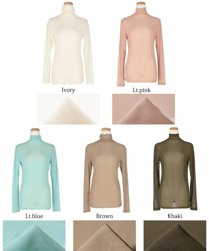 日本 COCA - 微透膚立領長袖上衣/內搭-深可可