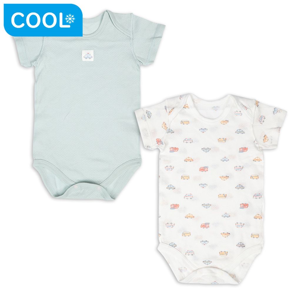 短袖網眼包屁衣2件組 套頭式-汽車-綠色