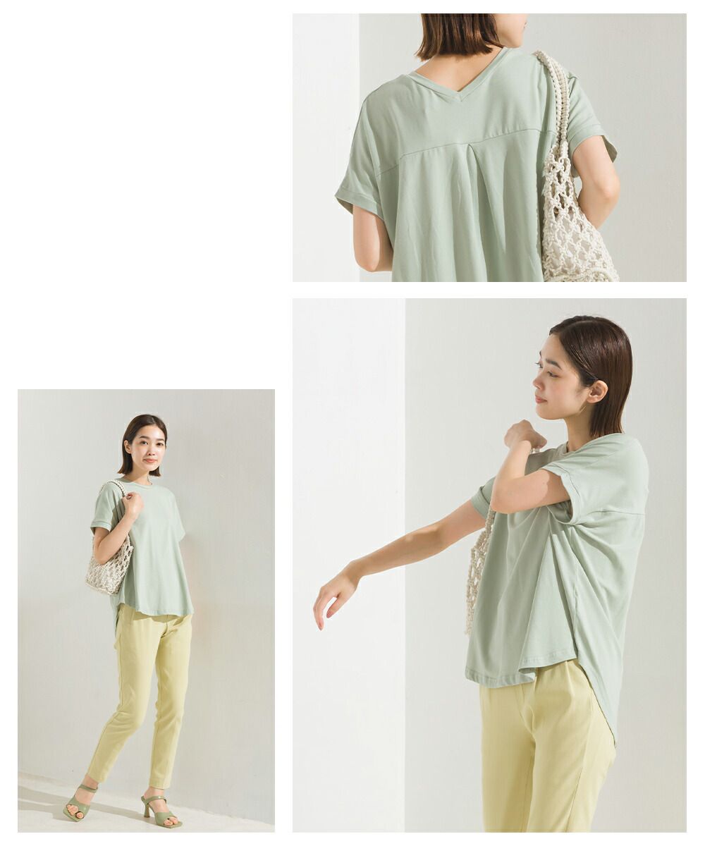 日本 OMNES - 舒適天竺棉前短後長短袖上衣-薄荷綠