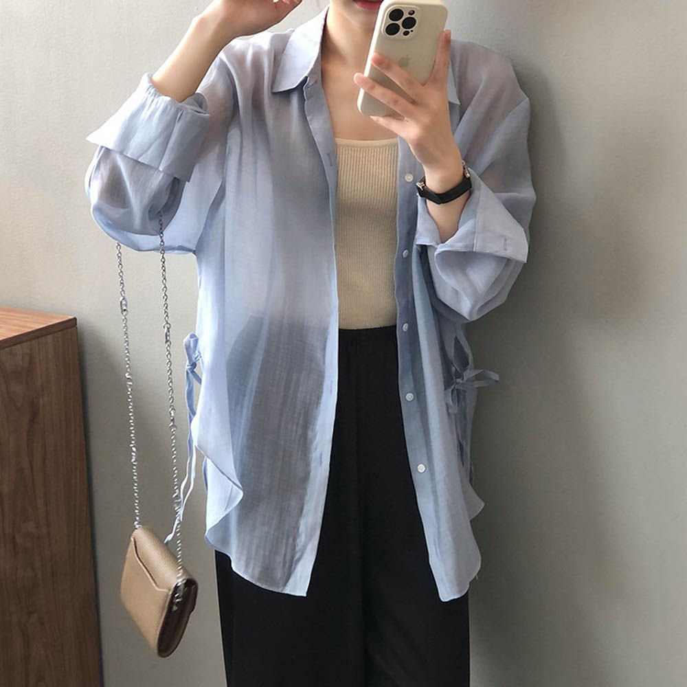 透膚感薄長袖襯衫-側開衩綁帶-冰藍色