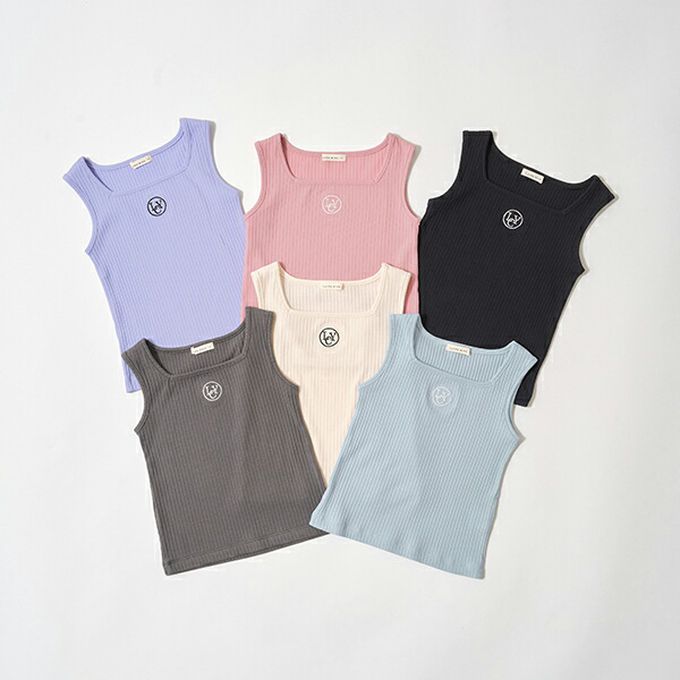 日本 Lycee mine - 品牌刺繡羅紋方領無袖上衣-黑