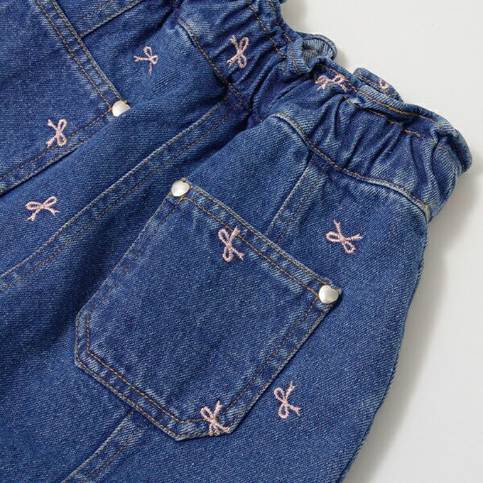 日本 Lycee mine - 甜美刺繡純棉丹寧風褲裙-櫻桃-淺藍