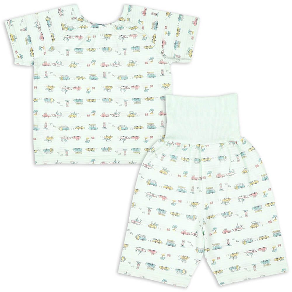 短袖家居服 穿衣練習套頭式-汽車-淺綠色