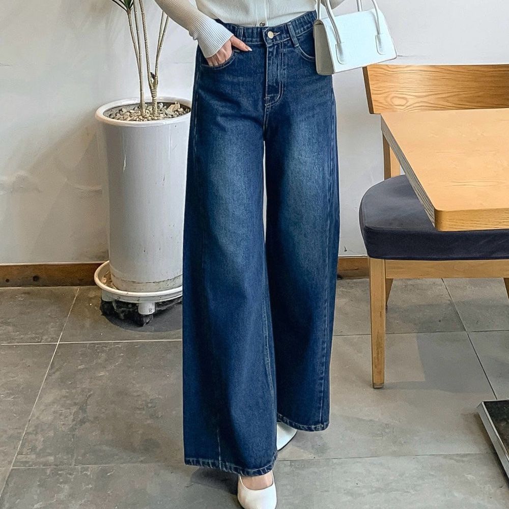 EDITION 彈性腰顯瘦丹寧闊腿褲-深藍